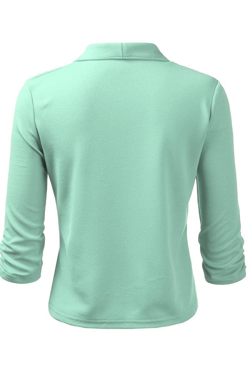 CWOBL091_Casual Work Ruched 3/4 Slv Open Front Blazer Jacket