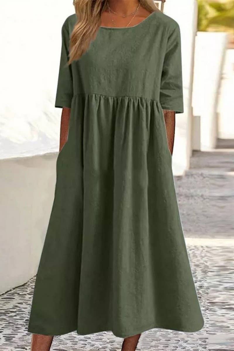 CWDMD01005_ROUND NECK SOLID COLOR COTTON AND LINEN DRESS