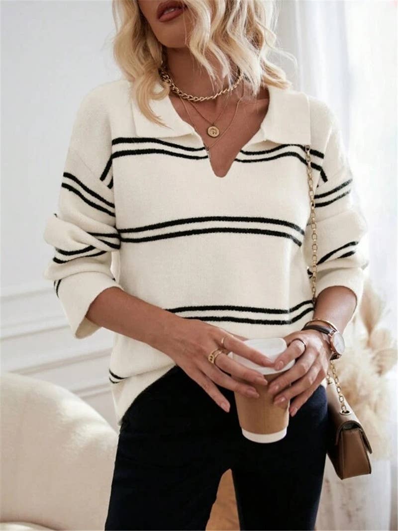Color-blocking striped polo neck knitted sweater