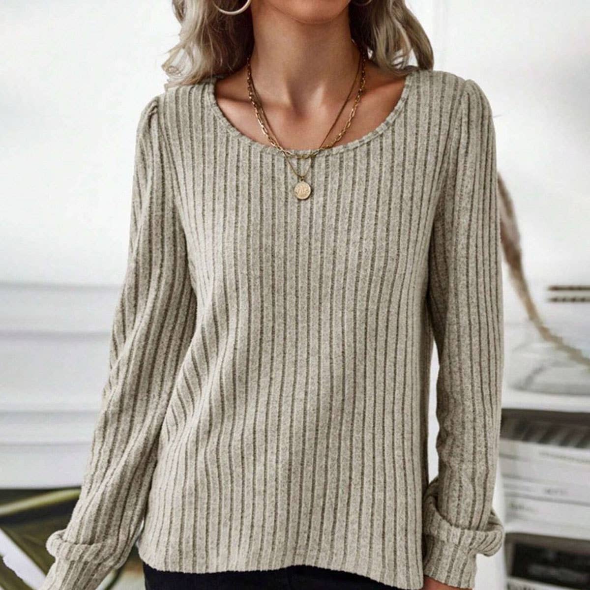 CASUAL SOLID COLOR V-NECK PIT STRIPE SWEATER
