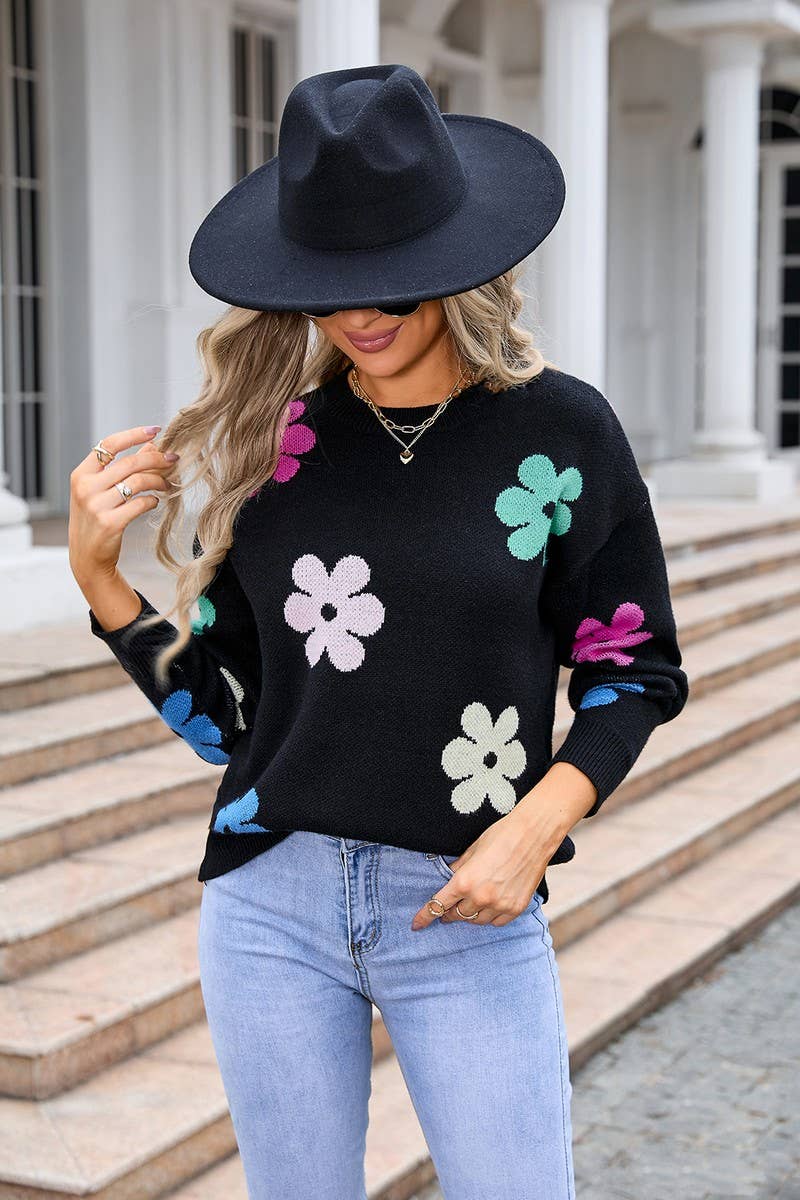 CWOSWL3074_FLORAL COLORBLOCK CASUAL CREWNECK SWEATER