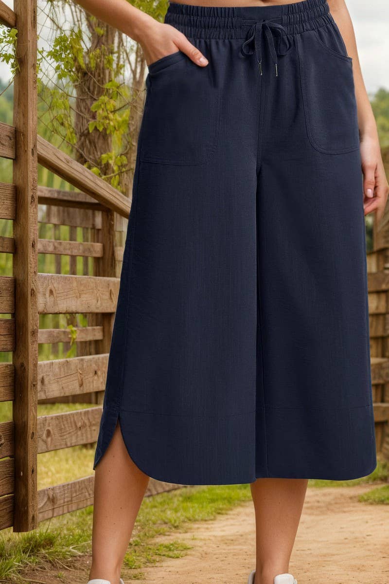 CWBLP2158_SOLID ELASTIC WAIST WIDE LEG CULOTTE PANTS