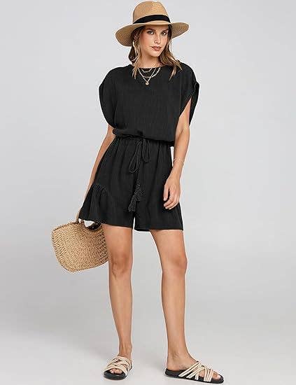 COTTON LINEN CASUAL BELTED SHORT SLEEVE ROMPER
