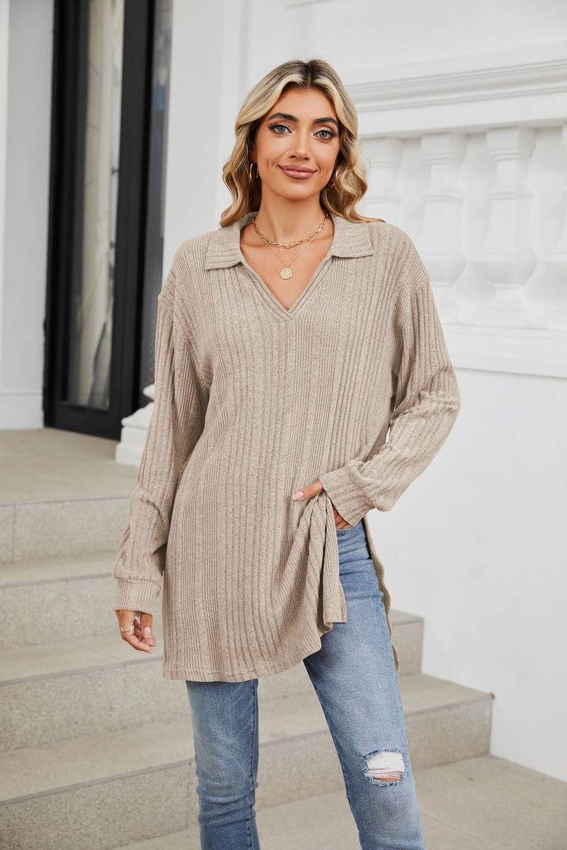 CWTBLL3668_FLIP COLLAR SLIT LONG SLEEVED LOOSE T-SHIRT TOP
