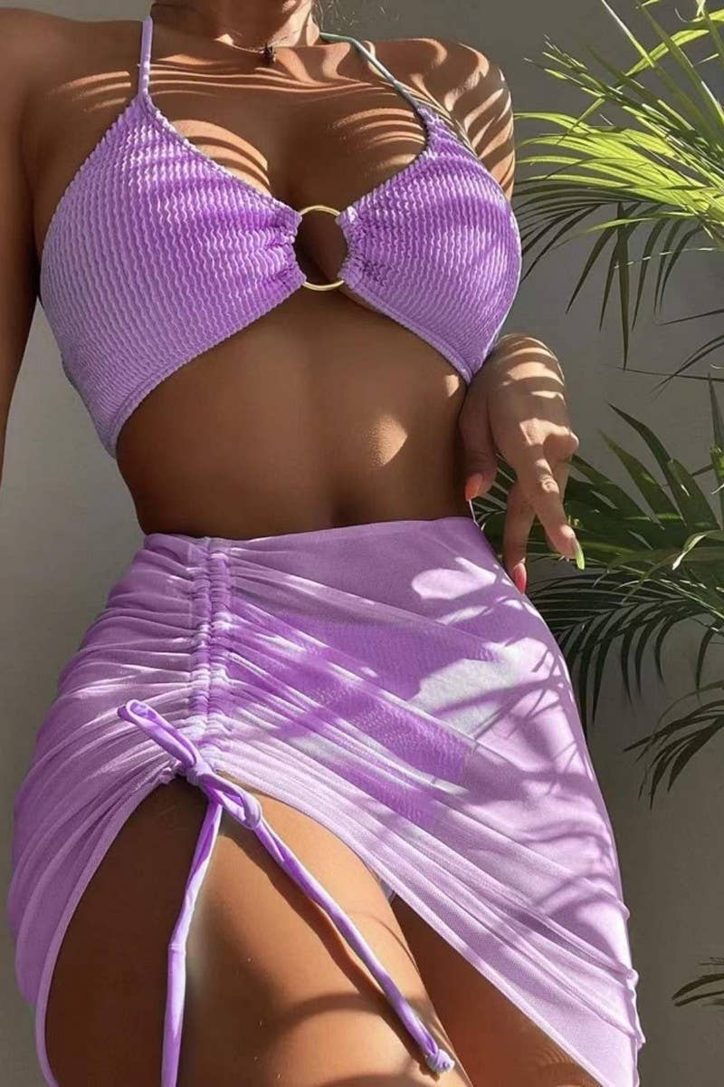 CWMW0888_SOLID COLOR HALTER NECK TWO-PIECE BIKINI SWIMSUIT