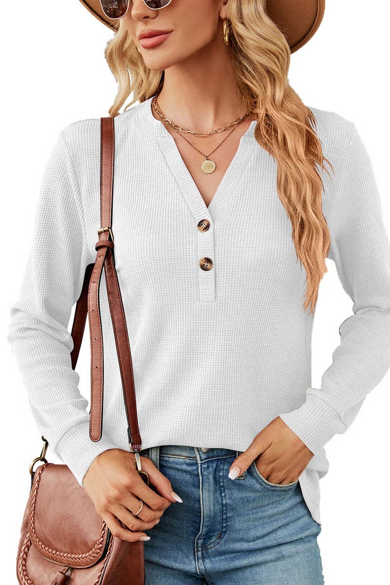 CWTBLL2416_SOLID COLOR V-NECK BUTTON LOOSE T-SHIRT TOP