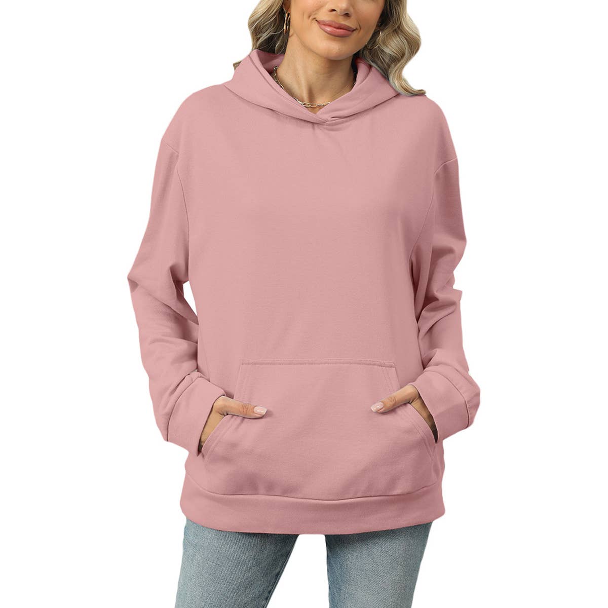 CASUAL HOODED POCKET HOODIE SOLID COLOR TOP