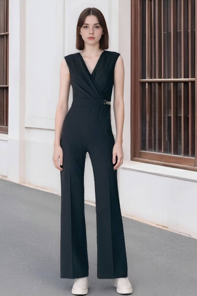 CWSJS1786_BLACK V-NECK SLEEVELESS WIDE-LEG JUMPSUIT