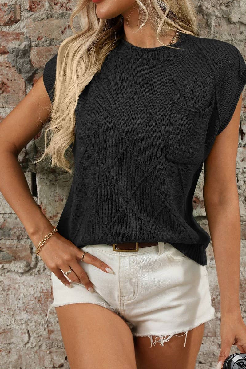 CWTTS1370_ROUND NECK DIAMOND CHECK KNITTED SHORT SLEEVES