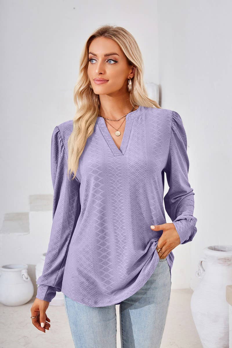 CWTBLL2374_SOLID COLOR V-NECK JACQUARD LONG-SLEEVED TOP