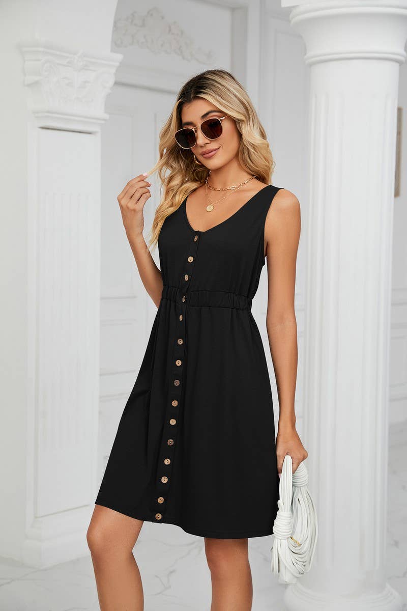 CWDSD3114_ROUND NECK SLEEVELESS BUTTON POCKET WAIST DRESS