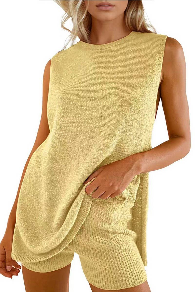 CWSTB1658_SOLID COLOR SLEEVELESS SHORTS KNITTED SUIT