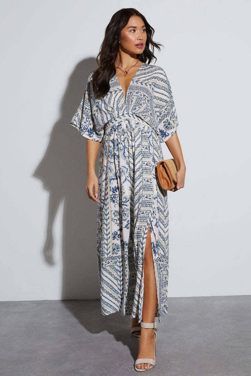 CWDMD5517_FLORAL V NECK SHORT SLEEVE MAXI DRESS