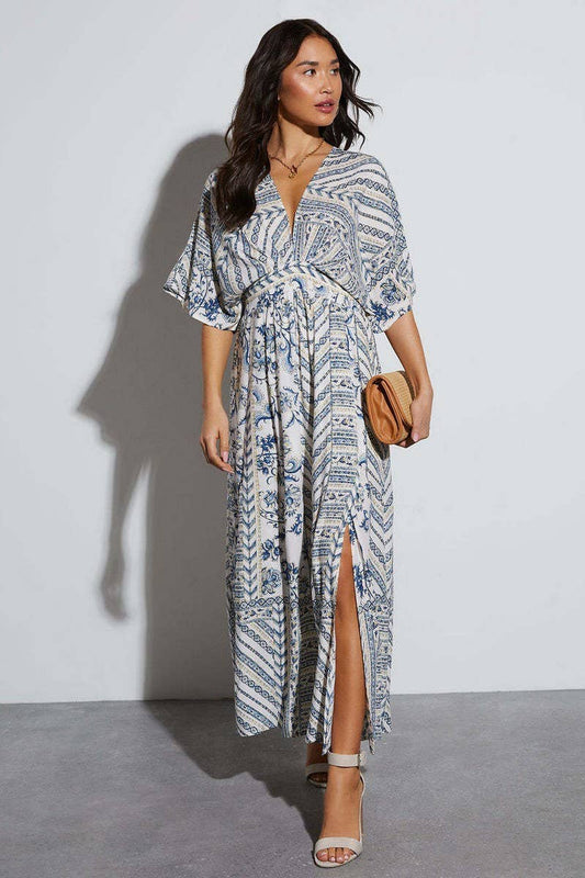 CWDMD5517_FLORAL V NECK SHORT SLEEVE MAXI DRESS