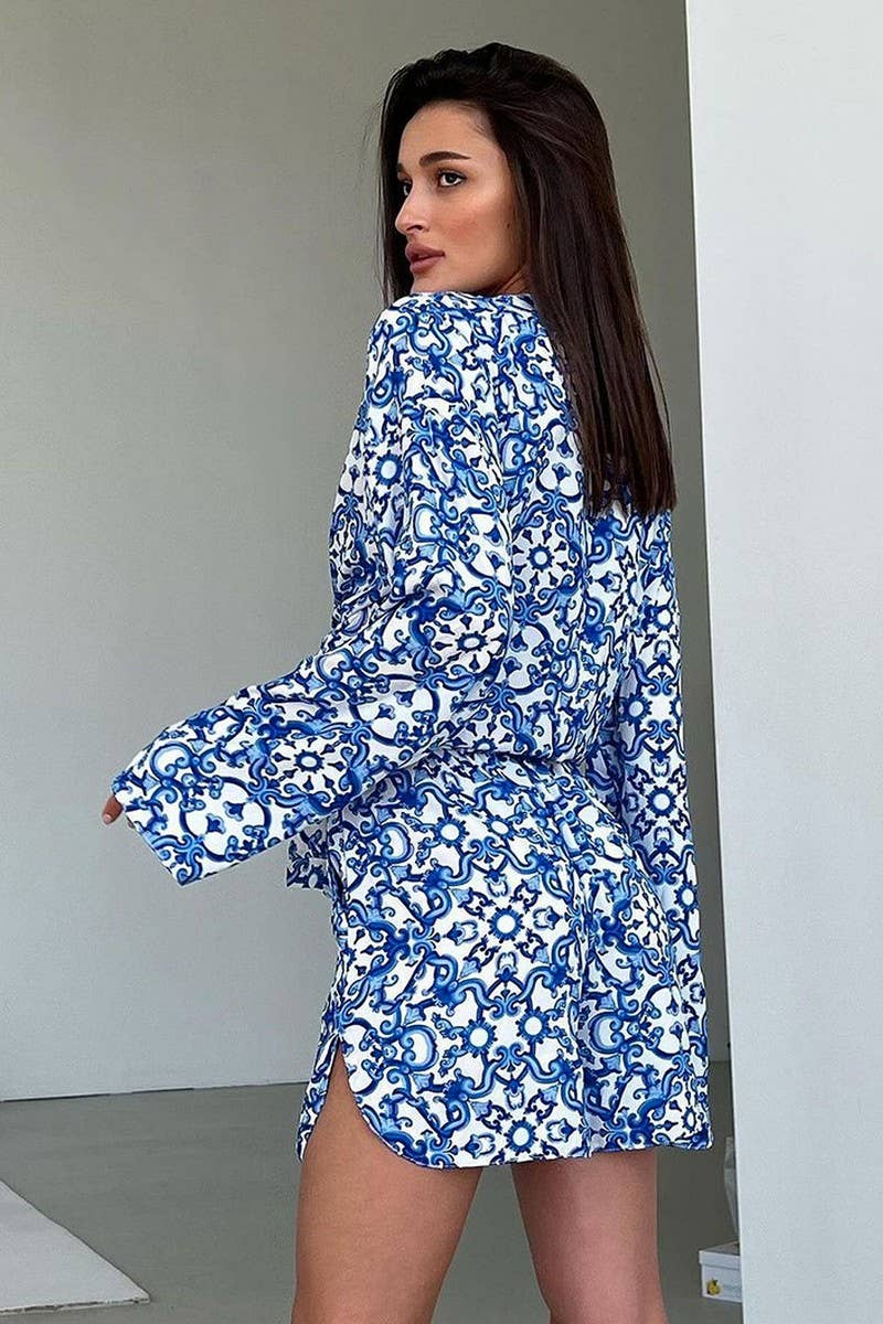 CWSPJ0365_PRINTED LOOSE LONG-SLEEVED SHORTS PAJAMA SET