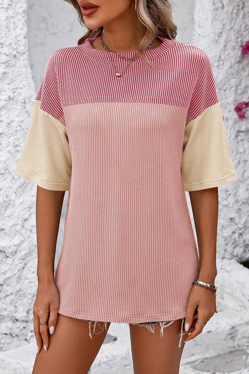CWTTS1317_SUMMER ROUND NECK COLOR BLOCK LOOSE T-SHIRT