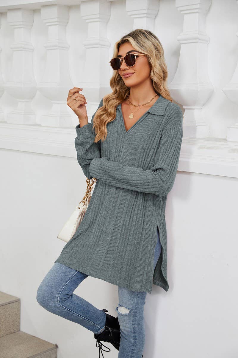 CWTBLL3668_FLIP COLLAR SLIT LONG SLEEVED LOOSE T-SHIRT TOP