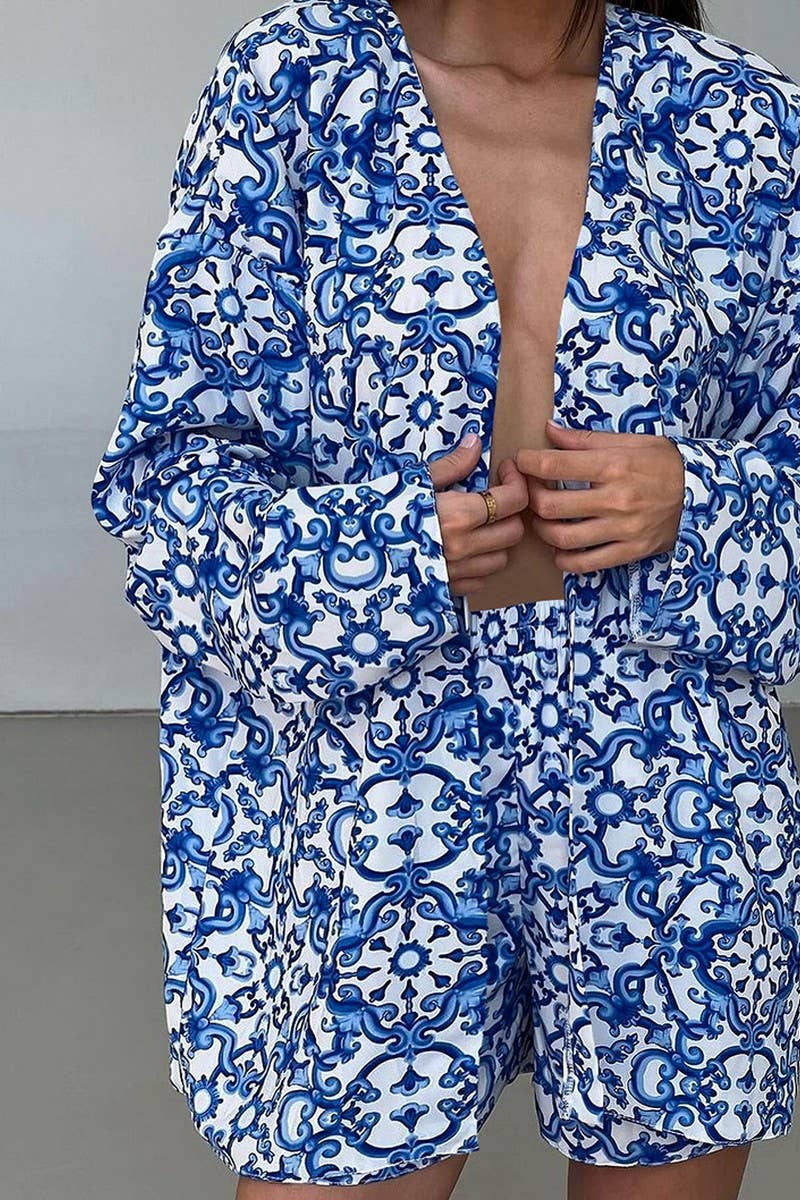 CWSPJ0365_PRINTED LOOSE LONG-SLEEVED SHORTS PAJAMA SET