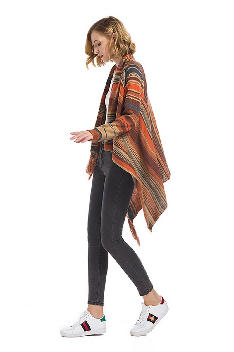 CWOCAL0945_STRIPED LOOSE IRREGULAR TASSEL KNITTED CARDIGAN