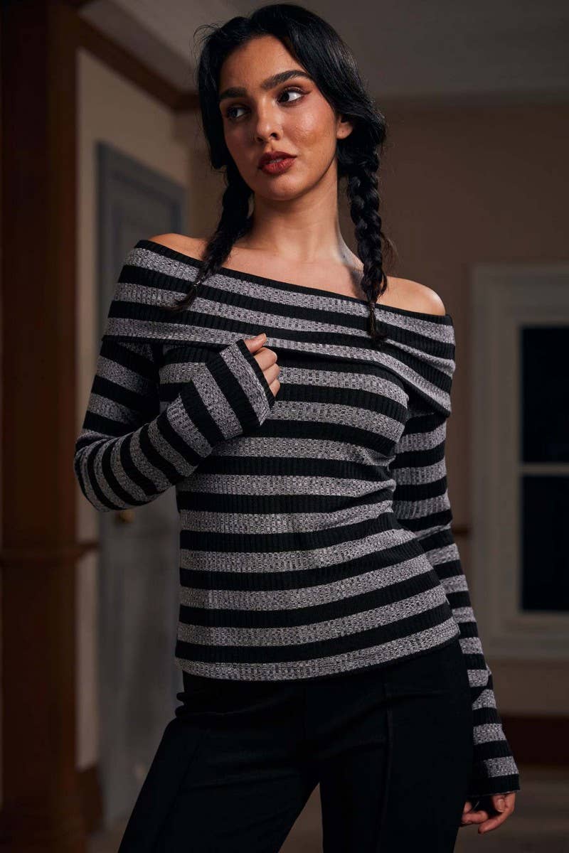 CWTBLL3967_COLORBLOCK OFF SHOULDER STRIPED SLIM FIT TEE