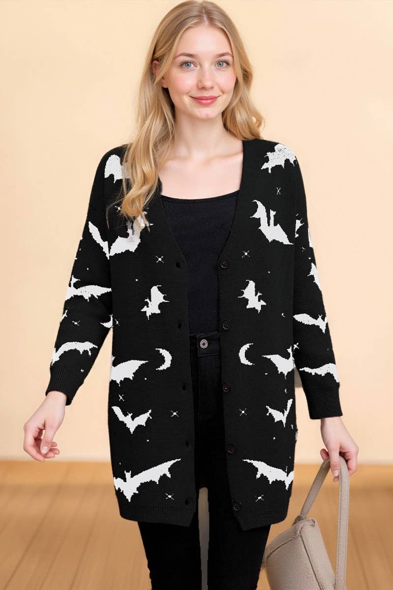 CWOCAL00697_HALLOWEEN BAT JACQUARD LONG SLEEVE CAPE CARDIGAN