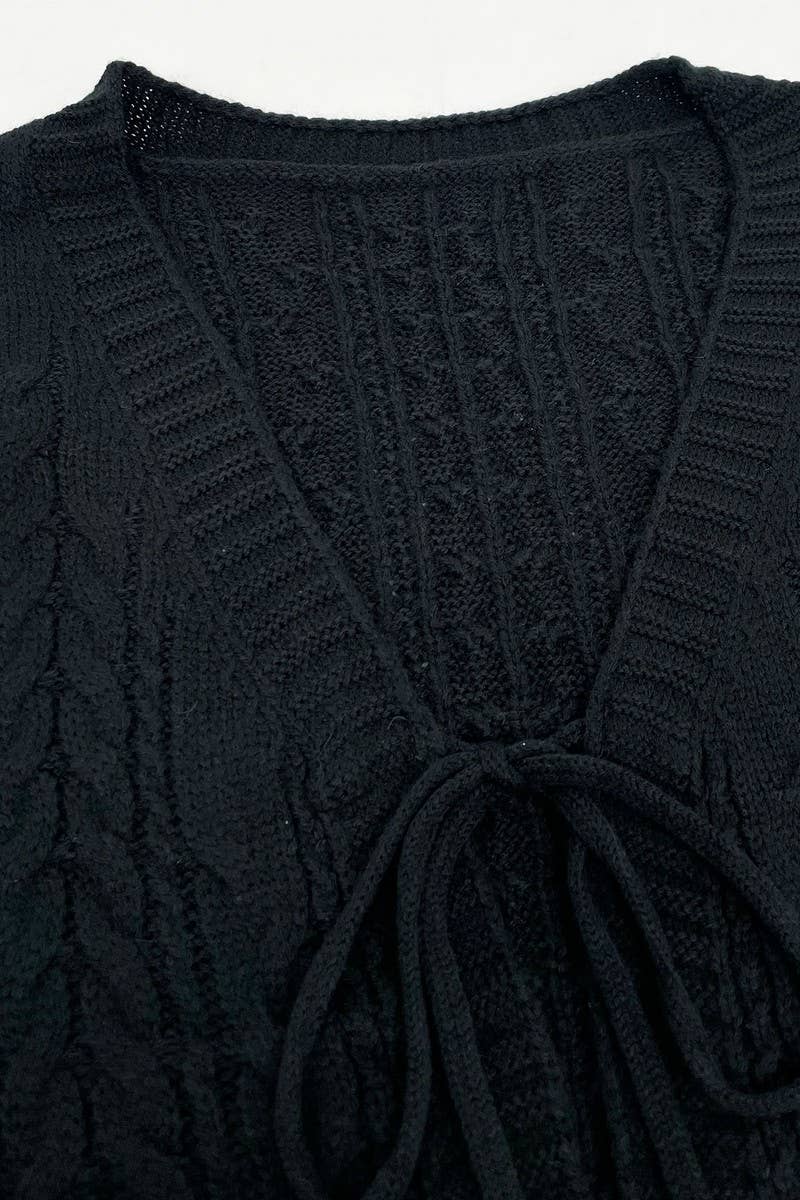 CWOCAL00827_SOLID V NECK CABLE KNIT TIE FRONT CARDIGAN
