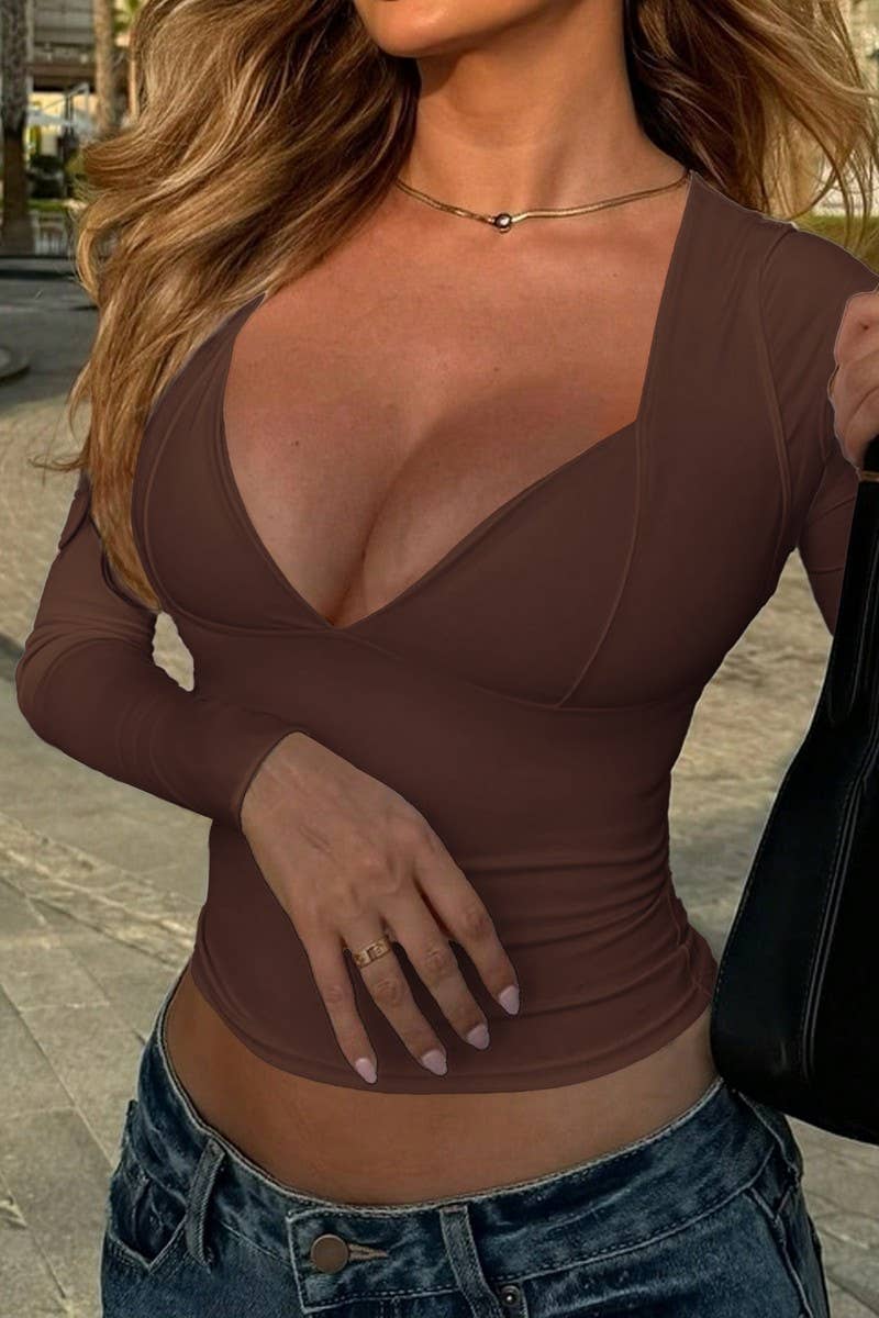 CWTBLL01010_SOLID SLIM FIT SEXY DEEP V LONG SLEEVE TOP