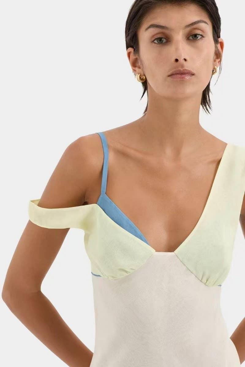 CWDMD6072_V-NECK COLORBLOCK CAMI SEXY SLIT DRESS