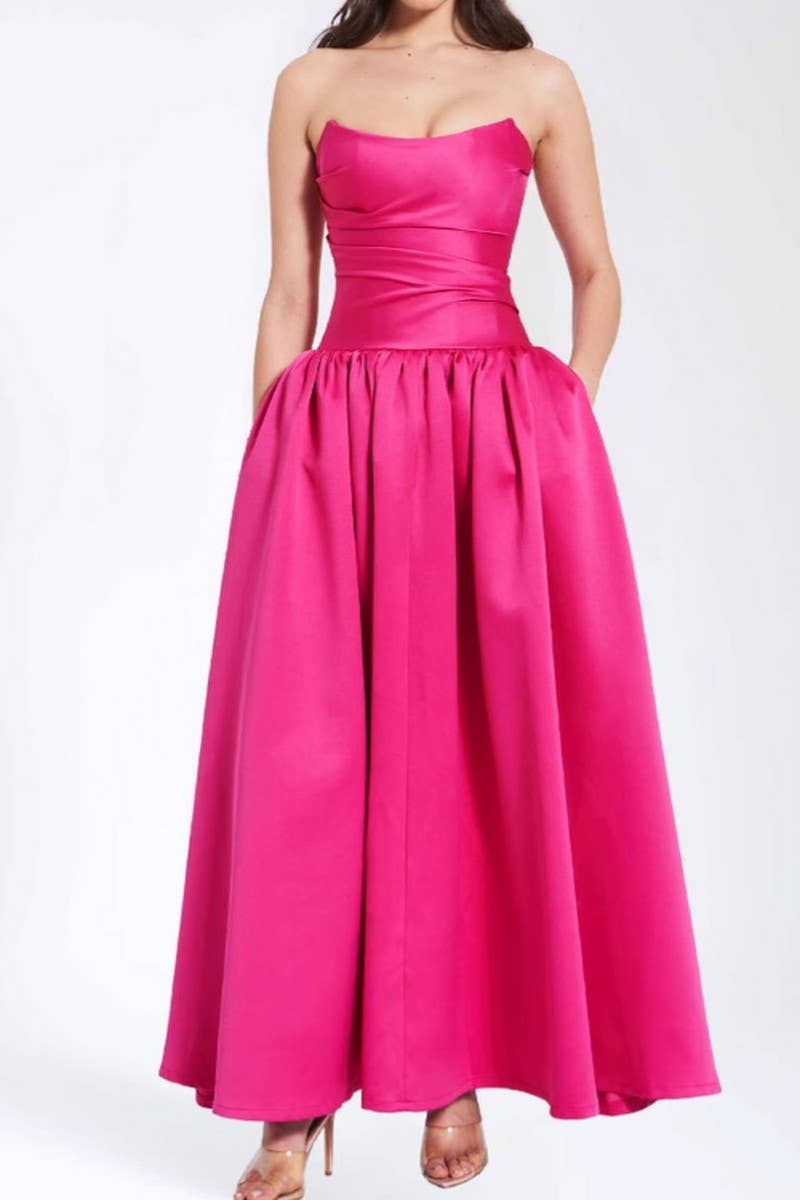 CWDHL1074_FRENCH ROSE RED SUSPENDER DRESS WITH SLIM WAIST