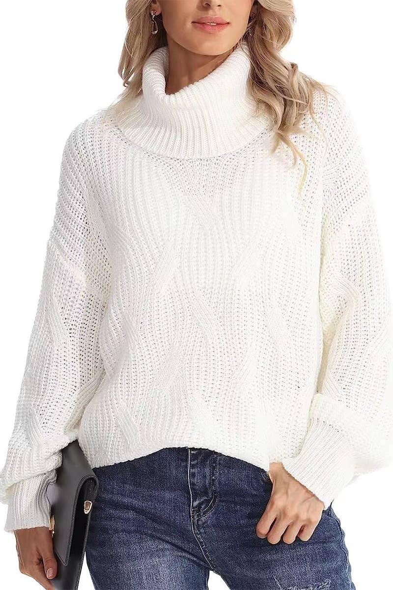 CWOSWL6804_NEW LOOSE HIGH COLLAR CABLE KNIT PULLOVER SWEATER