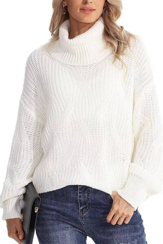 CWOSWL6804_NEW LOOSE HIGH COLLAR CABLE KNIT PULLOVER SWEATER