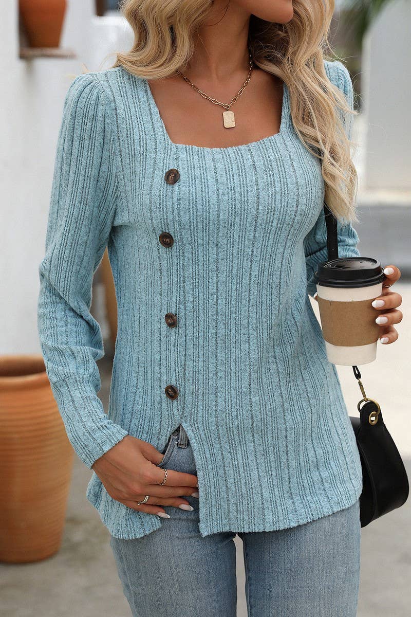 CWOSWL6829_SQUARE NECK BRUSHED SOLID COLOR LONG SLEEVE TOP
