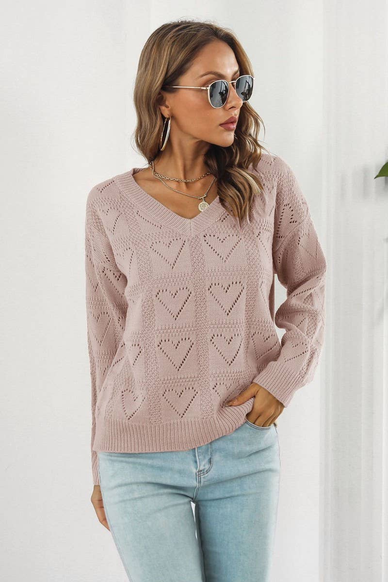 CWOSWL3968_V-NECK HOLLOW HEART PLAID KNITTED SWEATER
