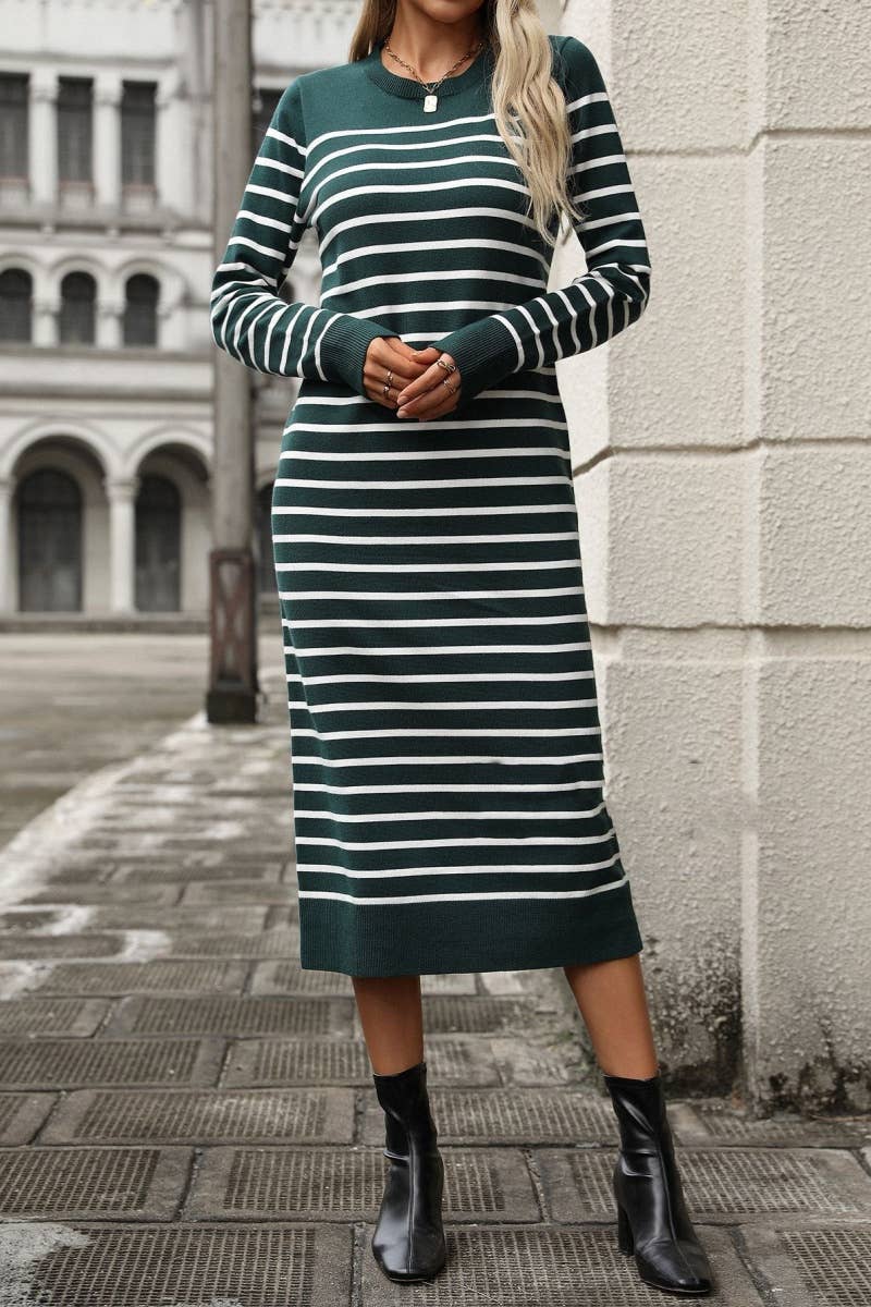 CWDMD4023_ROUND NECK LONG SLEEVE STRIPED DRESS LONG STYLE
