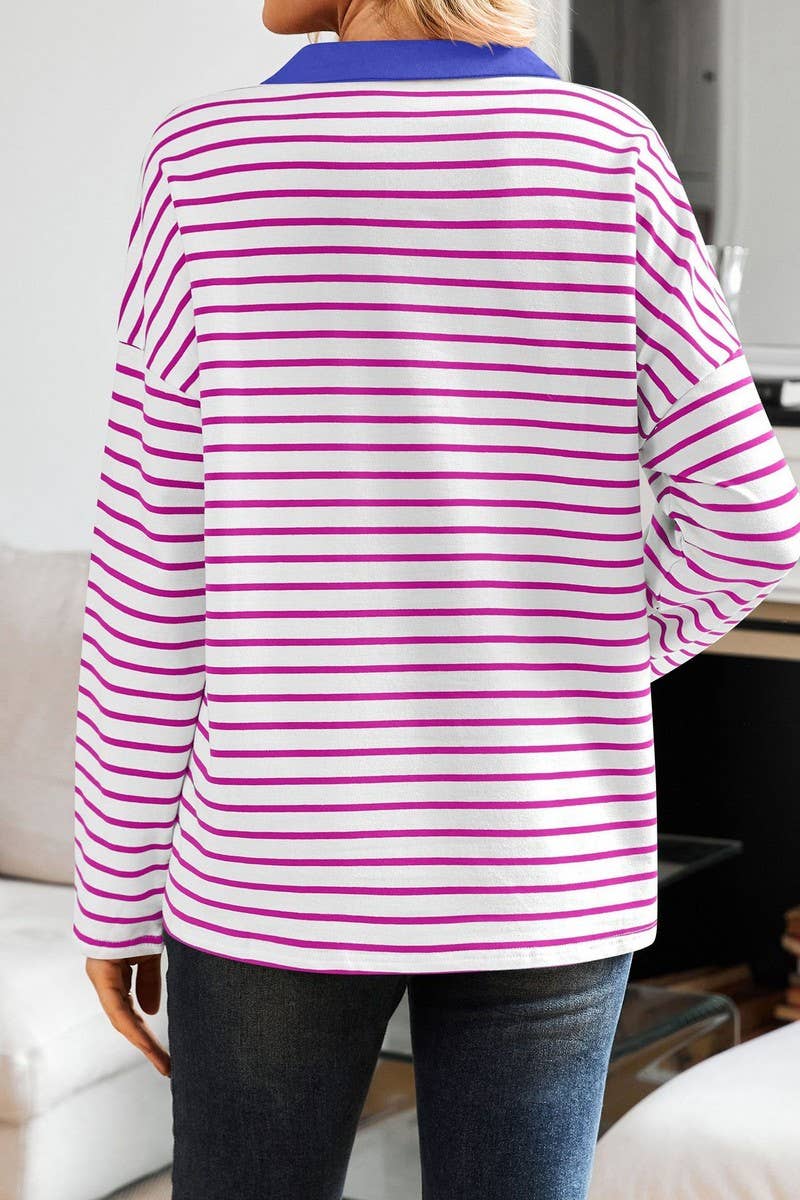 CWTBLL3674_STRIPED V-NECK LOOSE LAPEL SWEATSHIRT TOP