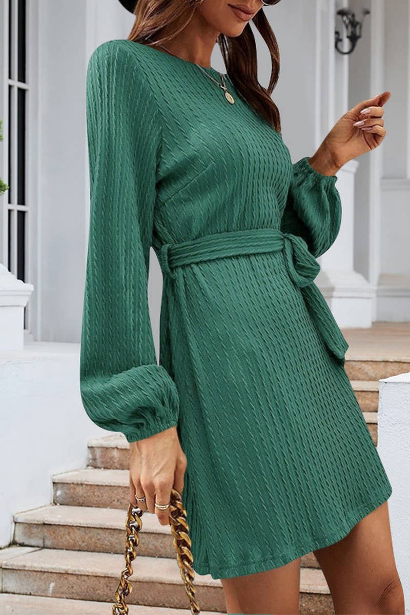 CWDSD7222_NEW STYLE CABLE KNITTED PUFF SLEEVE CASUAL DRESS