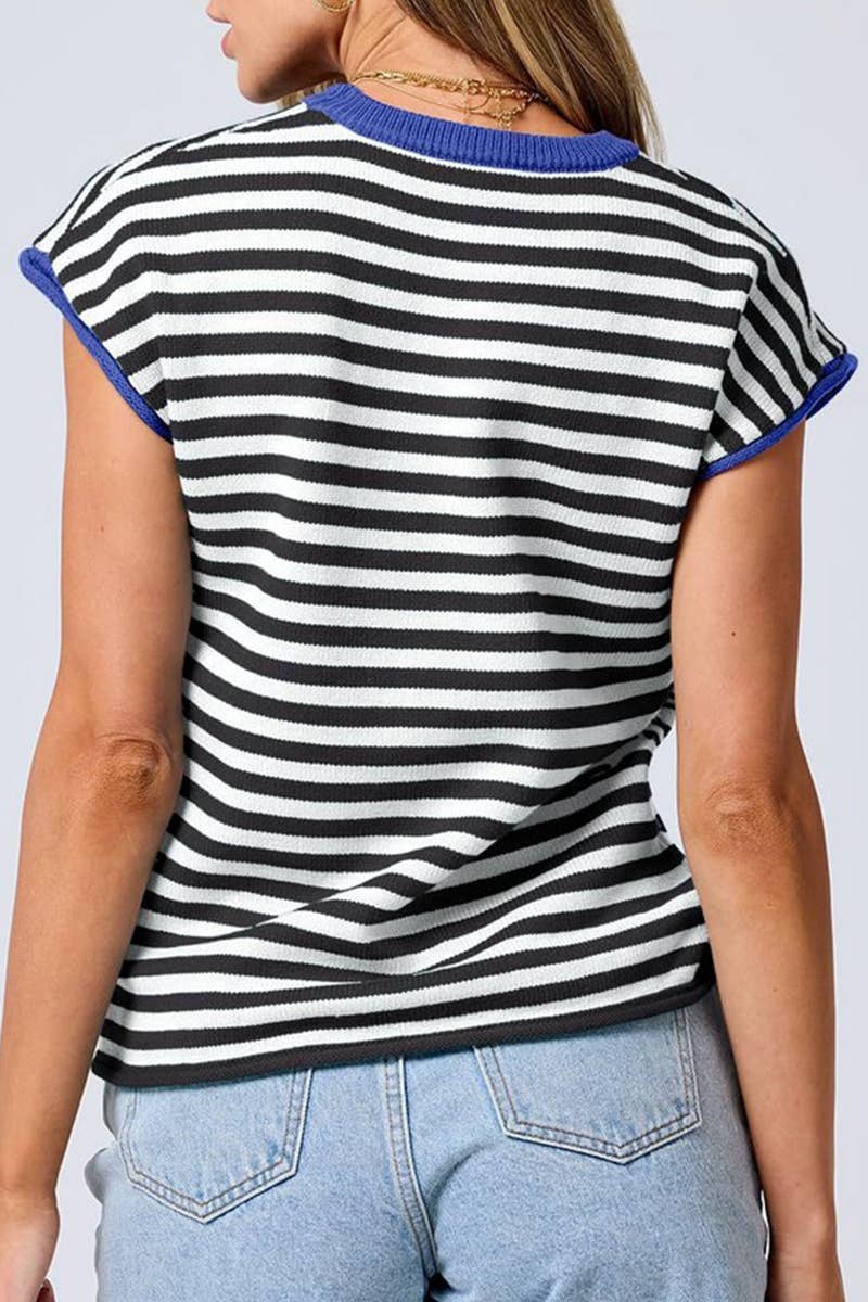 CWTTS1361_SUMMER CREW NECK CASUAL STRIPED KNITTED TOP