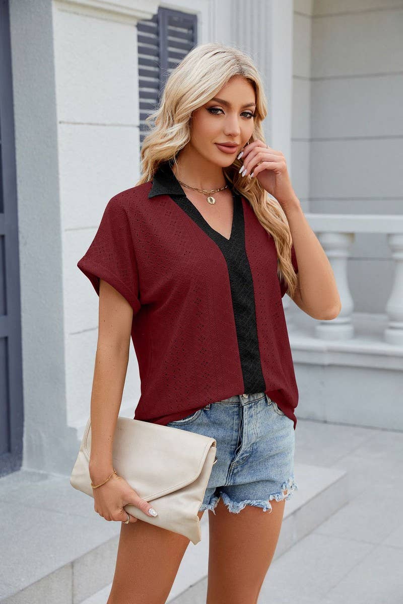 CWTTS0832_V-Neck Short Sleeve Knit Top