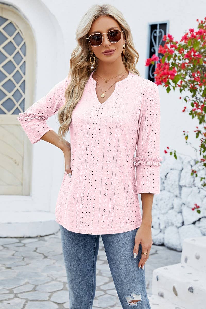 CWTTS0763_3/4 Sleeve Ruffle Detailed V-Neck  Blouse