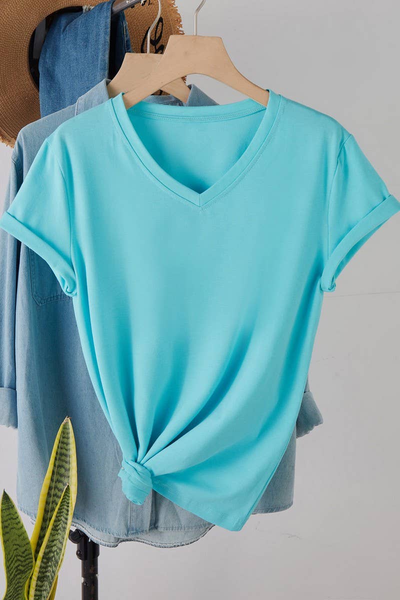 CWTTS1544_V-NECK FASHION SIMPLE SOLID COLOR SHORT SLEEVES