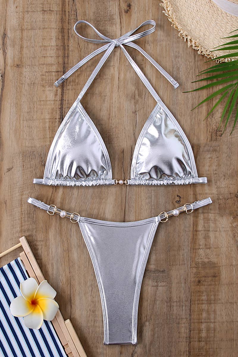 CWMW0799_WOMEN'S TWO-PIECE SHINY SWIMSUIT