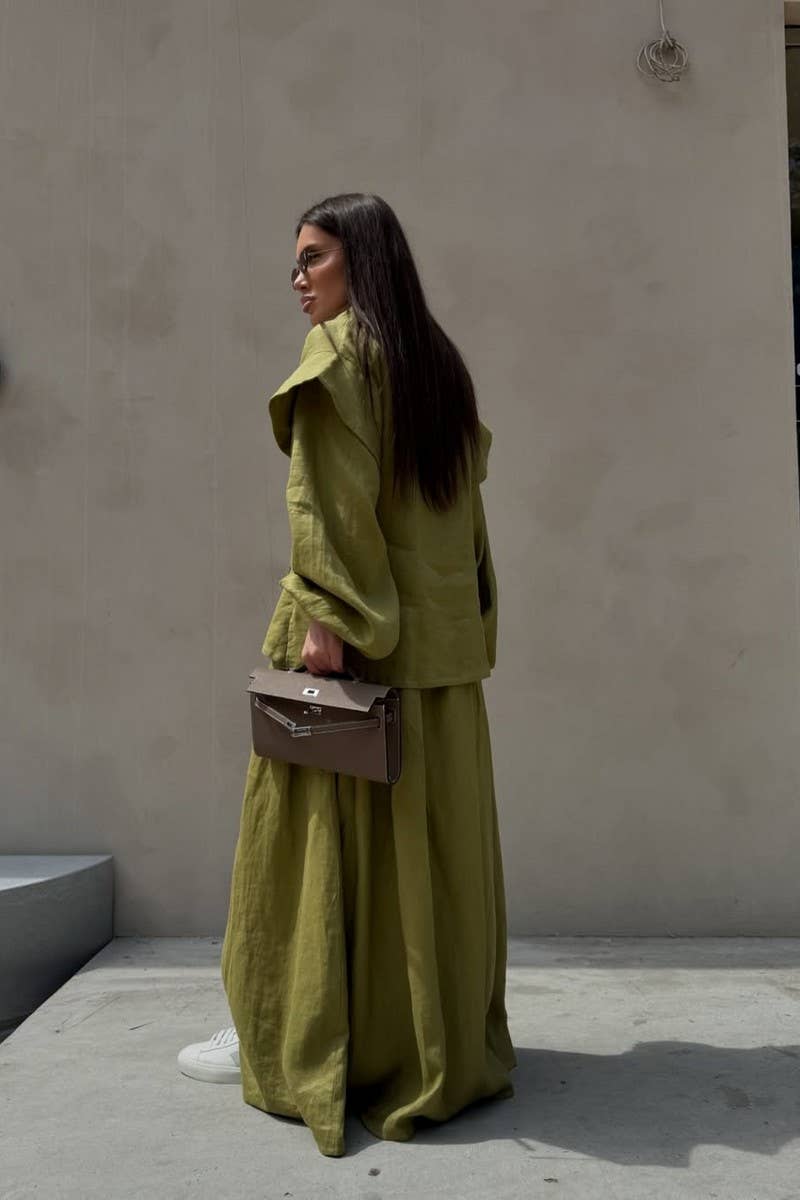 CWSTB00386_LACE-UP SHIRT HIGH-WAISTED SKIRT CASUAL SUIT