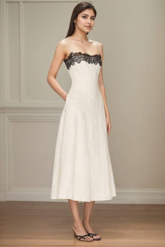 CWDMD6403_LACE COLORBLOCK OFF SHOULDER STRAP SUMMER DRESS