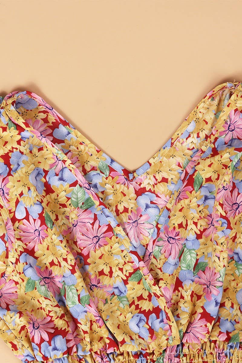 CWDMD2143_FLORAL PRINT WAISTLINE V-NECK HALTER DRESS