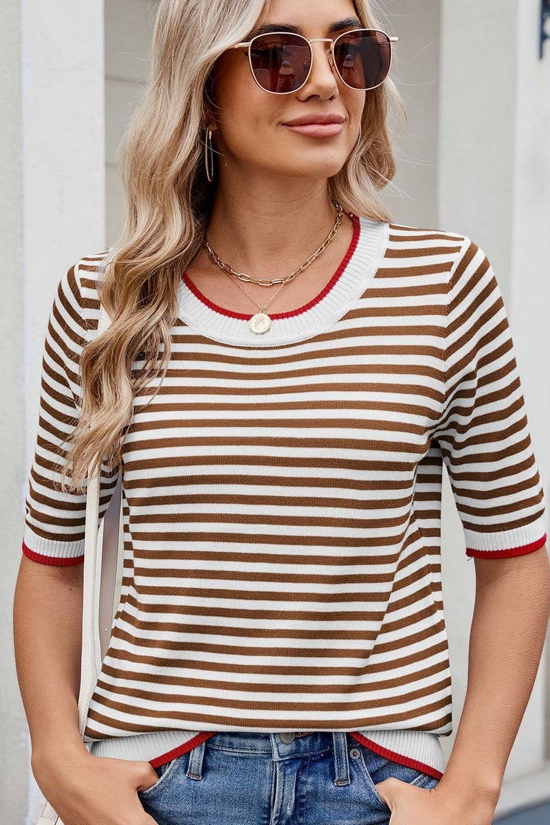 CWTBLS02495_STRIPED KNITTED ICE SILK SHORT-SLEEVED TOP