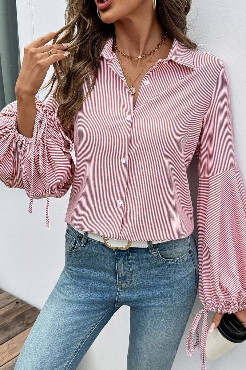 CWTSTL00964_STRIPED PATCHWORK LANTERN SLEEVE BLOUSE