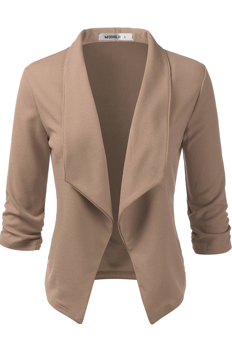 CWOBL091_Casual Work Ruched 3/4 Slv Open Front Blazer Jacket