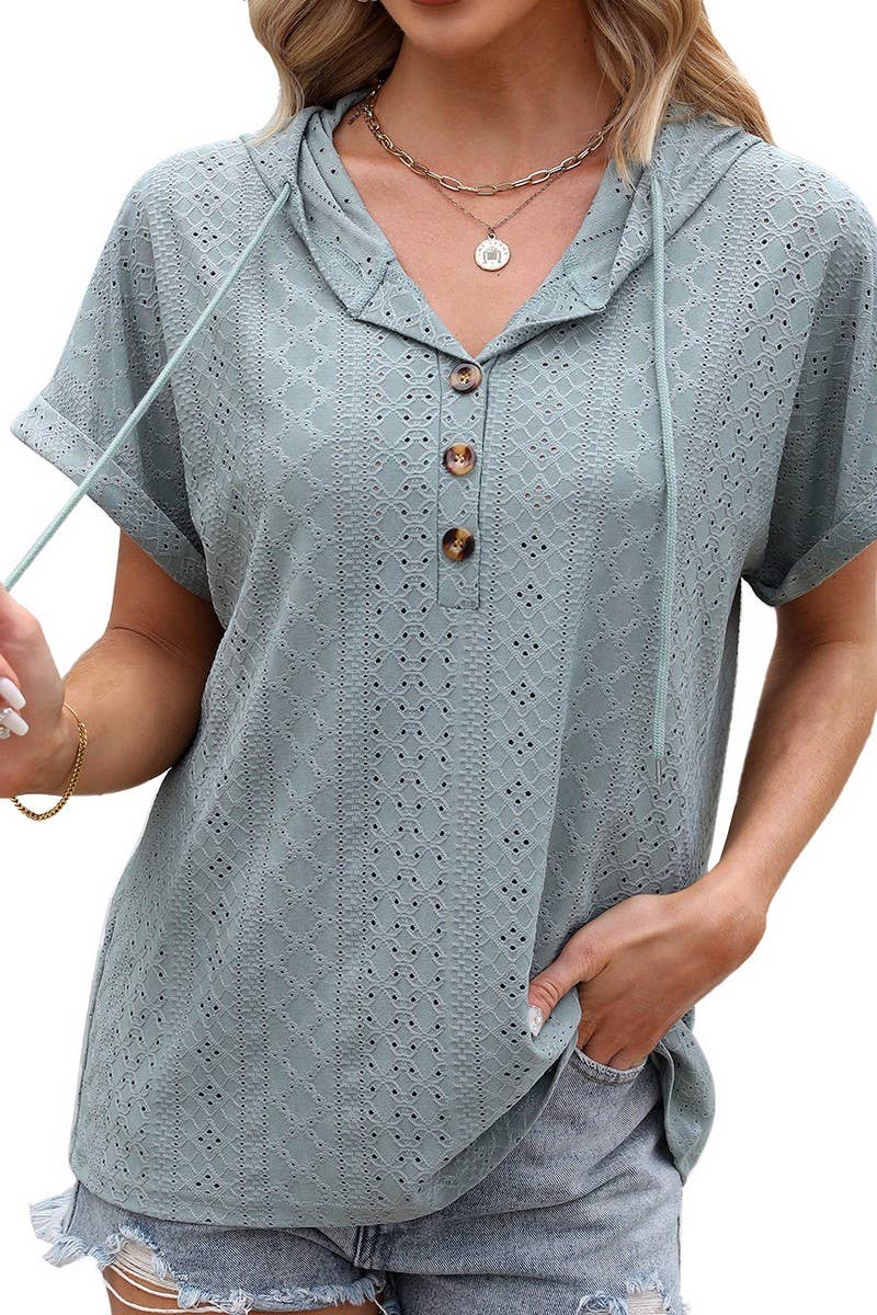 CWTTS1086_SOLID COLOR BUTTONED HOODED DRAWSTRING T-SHIRT