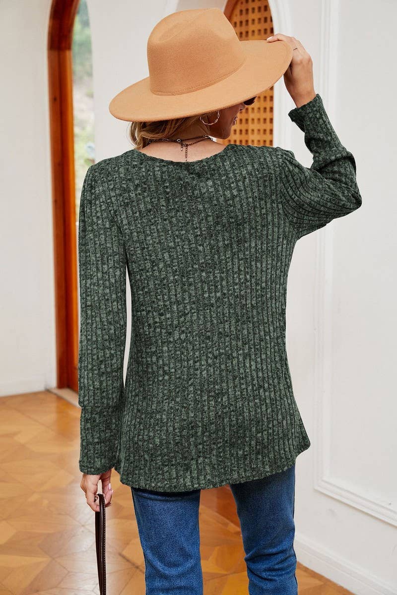 CWTBLL2372_SQUARE COLLAR BUTTON-DOWN LONG SLEEVE LOOSE TOP