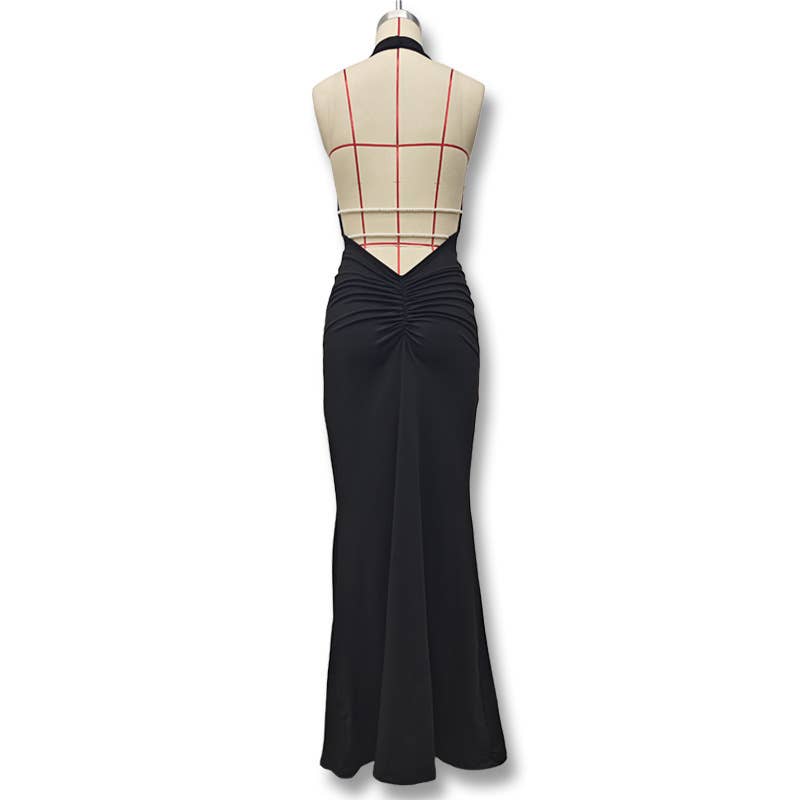 A cinched-neck backless and collared dress